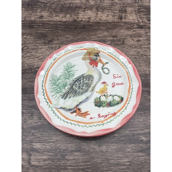 Anthropologie Nathalie Lete 12 Days of Christmas Dessert Plate 6 Geese A… - Picture 1 of 3